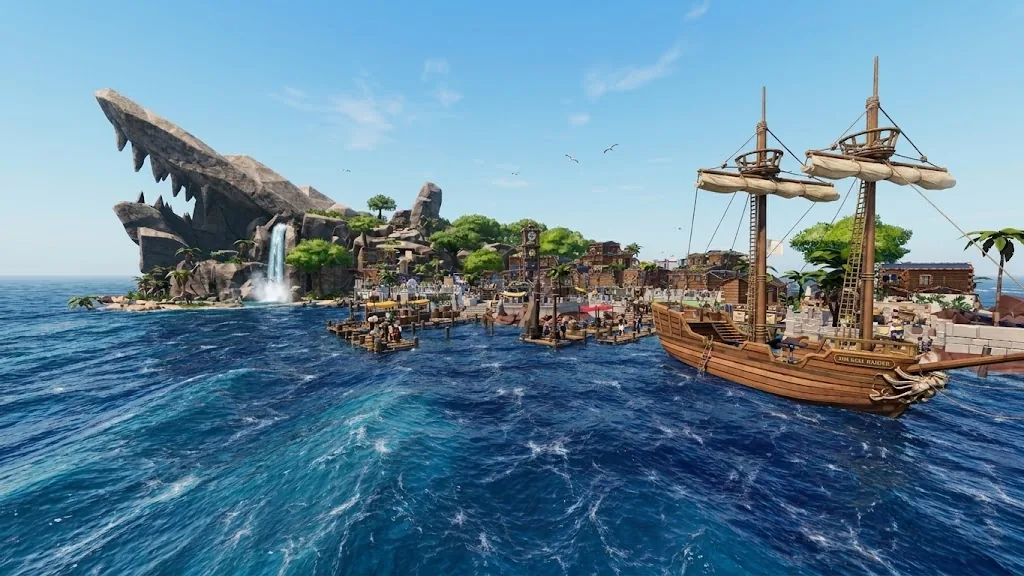 Port Island's tropical harbor and buildings in PLUNDER