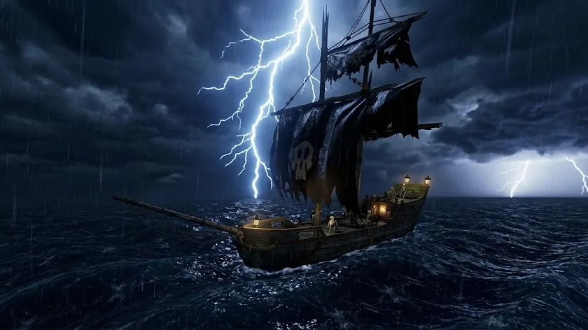 A ghostly pirate vessel sailing under storm lightning in PLUNDER